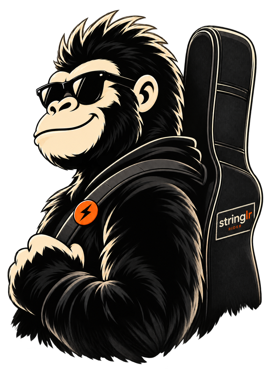 Gorila Stringlr berkacamata hitam dengan kotak gitar