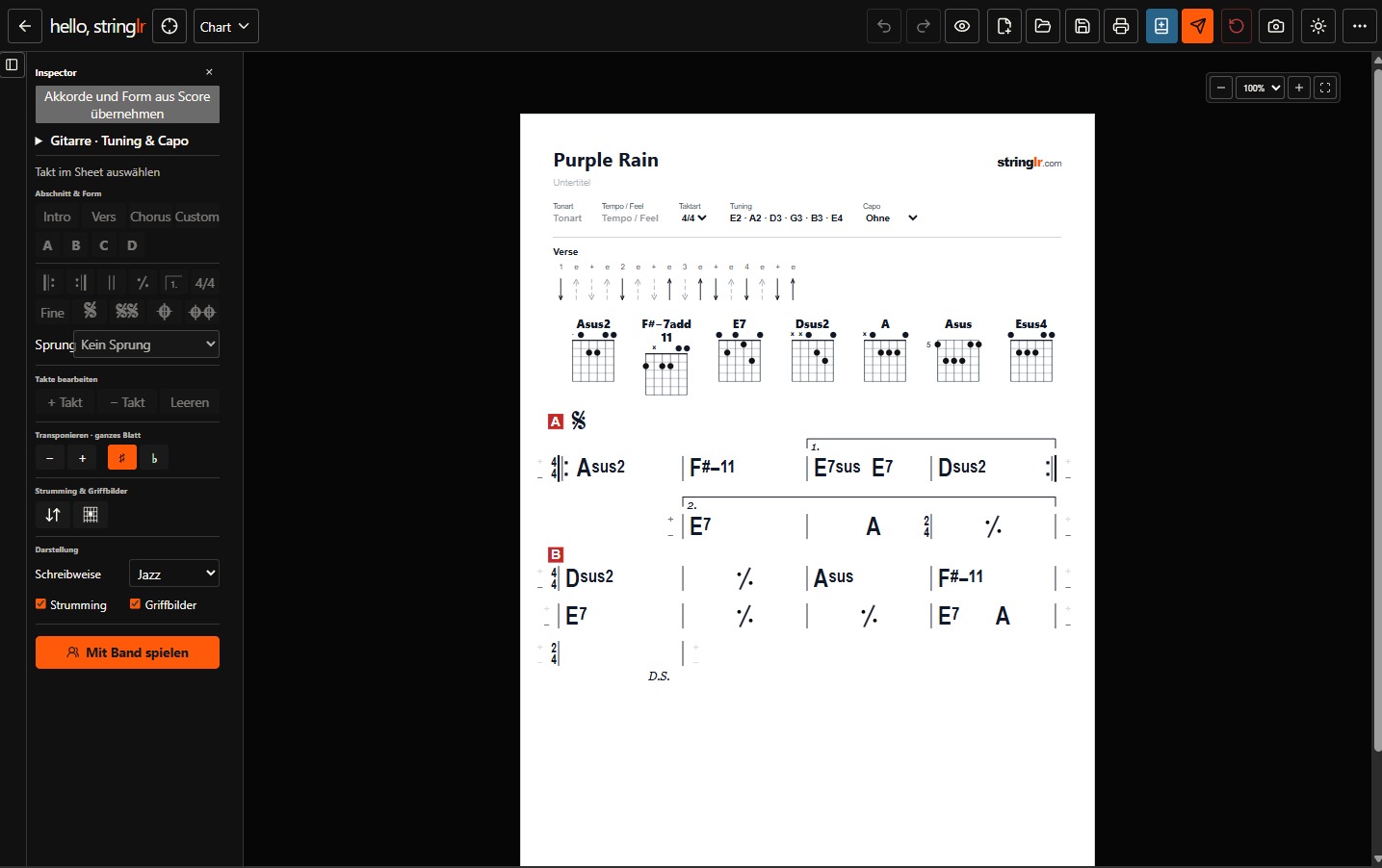 ツールの画面: ギターのコード譜とコードチャートをオンラインで作成